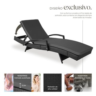 Tumbona ratán aluminio, respaldo ajustable, negro 190x71x75cm