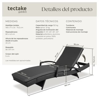 Tumbona ratán aluminio, respaldo ajustable, negro 190x71x75cm