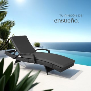 Tumbona ratán aluminio, respaldo ajustable, negro 190x71x75cm