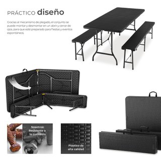 Juego de mesa y bancos de camping plegable imitación ratán