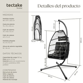 Silla colgante con estructura de aluminio y capacidad 160 kg negro