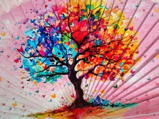 Abanico árbol de la vida rodeado de mariposas