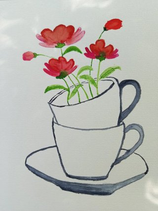 Lámina acuarela flores en taza