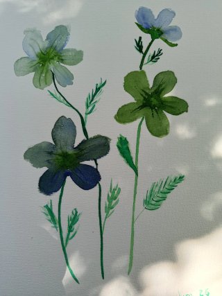 Lámina acuarela flores azules y verdes