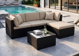 Conjunto de terraza ratán y cristal
