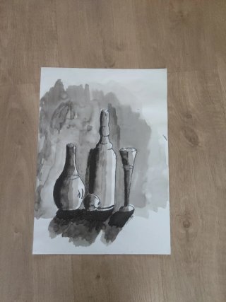 Pintura Bodegón Botellas y Copa