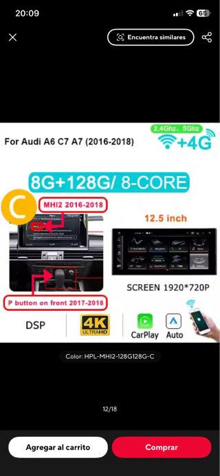 Pantalla Android 12.5” Audi A6 A6L 2017-2018