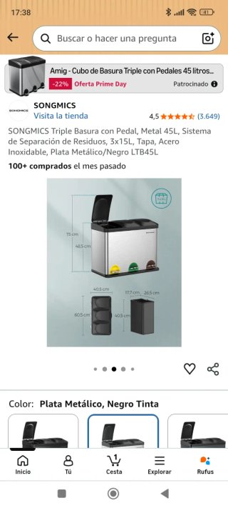 Cubo reciclaje Songmics 3 compartimentos pedal
