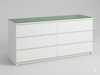 Cómoda blanca con tapa de cristal verde
