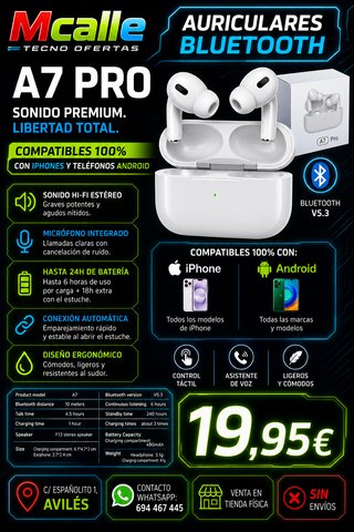 Auriculares Bluetooth A7 Pro Mcalle