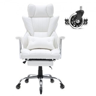 Silla de Oficina Reclinable con Reposapiés, Silla de Oficina Ancha de PU de Alta Resistencia, Sillas Ejecutivas Grandes y Altas con Soporte Lumbar, Base de Metal Fuerte, Ruedas Silenciosas, Blanca