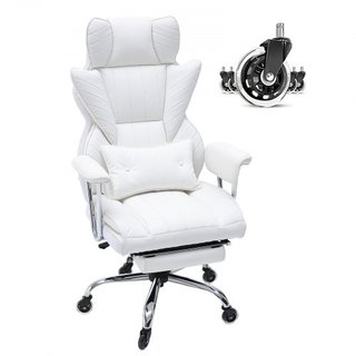 Silla de Oficina Reclinable con Reposapiés, Silla de Oficina Ancha de PU de Alta Resistencia, Sillas Ejecutivas Grandes y Altas con Soporte Lumbar, Base de Metal Fuerte, Ruedas Silenciosas, Blanca