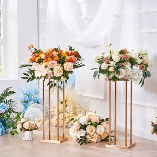 4PCS Soporte de Flor de Boda de Columna de Metal Dorado, 31.5 pulgadas/80 cm de Alto con Laminado de Metal, Soportes de Centro Geométrico para Jarrones, Estante de Exhibición Floral Cilíndrico par...