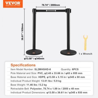 Barras de Control de Multitudes, Paquete de 6 Barreras de Control de Multitudes con 3 Cintas Retráctiles Negras de 6.5FT, Poste de Cola de Plástico, Conjunto de Barreras de Cinta Divisoria para Ae...