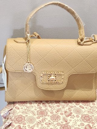 Bolso de mano y hombro beige y dorado