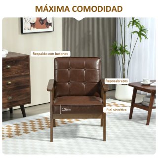 Butaca Marrón Tapizada PU Reposabrazos Madera