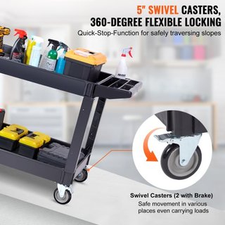 Carro de Servicio Utilitario, Carro Rodante de Plástico Pesado de 2 Estantes de 249.5 kg con Ruedas Giratorias de 360° (2 con Frenos), Estante Grande con Bordes, Mango de Almacenamiento Ergonómico...
