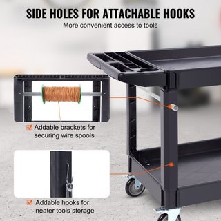 Carro de Servicio Utilitario, Carro Rodante de Plástico Pesado de 2 Estantes de 249.5 kg con Ruedas Giratorias de 360° (2 con Frenos), Estante Grande con Bordes, Mango de Almacenamiento Ergonómico...