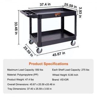 Carro de Servicio Utilitario, Carro Rodante de Plástico Pesado de 2 Estantes de 249.5 kg con Ruedas Giratorias de 360° (2 con Frenos), Estante Grande con Bordes, Mango de Almacenamiento Ergonómico...