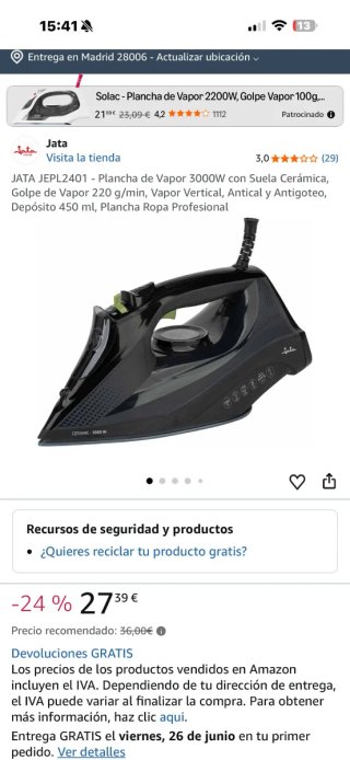 Plancha de vapor Jata JEPL2401 cerámica