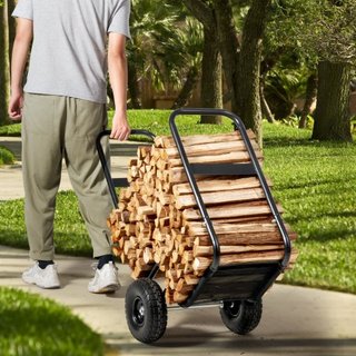 Carro de Leña, Capacidad de 113.4 kg, Mover de Almacenamiento de Estante de Madera para Interiores y Exteriores con Ruedas de PU y Tela Impermeable, Carretilla de Acero de Alta Resistencia, Transp...