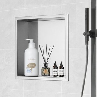 Nicho de Ducha Sin Azulejos de 33.02 x 33.02 cm de Acero Inoxidable 304, Nicho Recesado de Pared con Doble Estante, Sellado Impermeable y Resistente a la Oxidación, Nicho Moderno para Almacenamien...