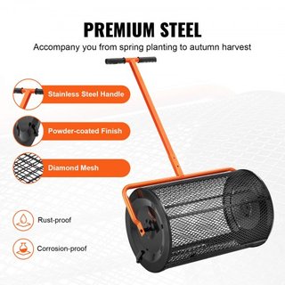 Esparcidor de Compost, Mango Ajustable en Altura de 24.4-25.6", Ancho de 24", Rodillo de Musgo de Turba para Jardín y Césped con Pestillos Laterales, Canasta de Malla de Acero con Recubrimiento en...