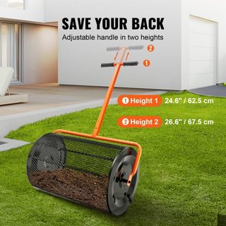 Esparcidor de Compost, Mango Ajustable en Altura de 24.4-25.6", Ancho de 24", Rodillo de Musgo de Turba para Jardín y Césped con Pestillos Laterales, Canasta de Malla de Acero con Recubrimiento en...