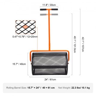 Esparcidor de Compost, Mango Ajustable en Altura de 24.4-25.6", Ancho de 24", Rodillo de Musgo de Turba para Jardín y Césped con Pestillos Laterales, Canasta de Malla de Acero con Recubrimiento en...