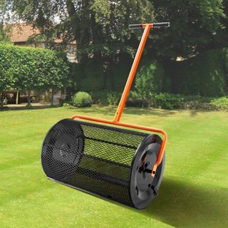 Esparcidor de Compost, Mango Ajustable en Altura de 24.4-25.6", Ancho de 24", Rodillo de Musgo de Turba para Jardín y Césped con Pestillos Laterales, Canasta de Malla de Acero con Recubrimiento en...