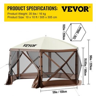 Tienda de Pantalla Gazebo, 10 x 10 pies, Carpa de Refugio de Camping Plegable de 6 Lados con Ventanas de Malla, Bolsa de Transporte Portátil, Estacas para el Suelo, Grandes Carpas de Sombra para C...
