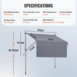 Toldo Retráctil Manual, Toldo Retráctil para Patio Exterior de 78" con Refugio Solar, Toldo Ajustable para Puerta de Patio y Ventana con Cortina de Sombra de 39" para Jardín, Patio, Balcón