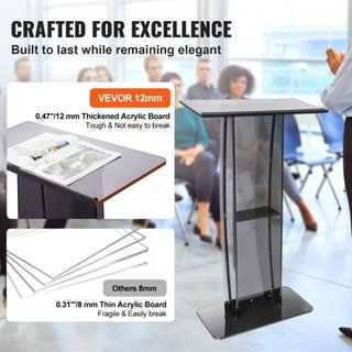 Podio Acrílico, 119 cm de Altura, Soporte de Podio Acrílico con Amplia Superficie de Lectura y Estante de Almacenamiento, Púlpitos Acrílicos Transparentes de Pie para Iglesia Oficina Escuela, Negro