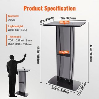 Podio Acrílico, 119 cm de Altura, Soporte de Podio Acrílico con Amplia Superficie de Lectura y Estante de Almacenamiento, Púlpitos Acrílicos Transparentes de Pie para Iglesia Oficina Escuela, Negro