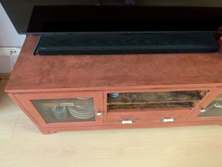 Mueble TV madera de teka y cristal