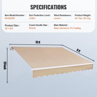 Toldo Retráctil Manual, Toldo de Patio Exterior de 10 x 8 pies, Sombra Retráctil, Toldo de Ventana y Puerta de Patio de Poliéster Resistente al Agua con Manivela para Jardín, Balcón