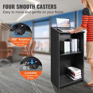 Podio, soporte de 119 cm con 4 ruedas giratorias, podio de madera con estantes de almacenamiento y escritorio inclinado, atriles y podios para iglesia, oficina, escuela, hogar, negro