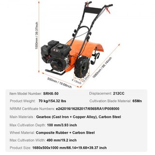 Cultivador de Tiller a Gas, Cultivador de Jardín de 212CC 4 Tiempos, Tiller con 4 Puntas Traseras Ajustables de Acero para Cultivo de Suelo en Césped, Jardín y Campo