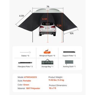 Toldo para Vehículos, Gran Cobertura de Sombra de 10' x 7' para Lado de Coche, Toldo de Coche PU2000mm UV50+ con Canopies Laterales Extendidos y Bolsa de Almacenamiento Portátil, Adecuado para Cam...