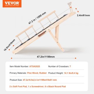 Rampas para Perros, Rampa Plegable para Mascotas para Cama, Rampa Ajustable para Perros Pequeños, Grandes, Viejos y Gatos, Rampa de Madera para Mascotas de 120 cm de Largo, Ajustable de 35 cm a 70...