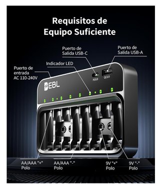 Cargador de Pilas EBL 8+2 con Carga Rápida USB-C