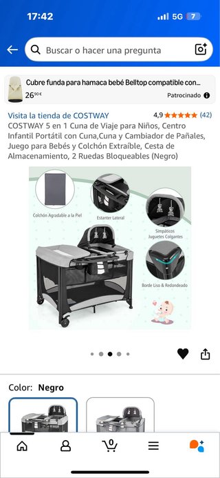 Cuna de Viaje COSTWAY 5 en 1 Negra (a estrenar)