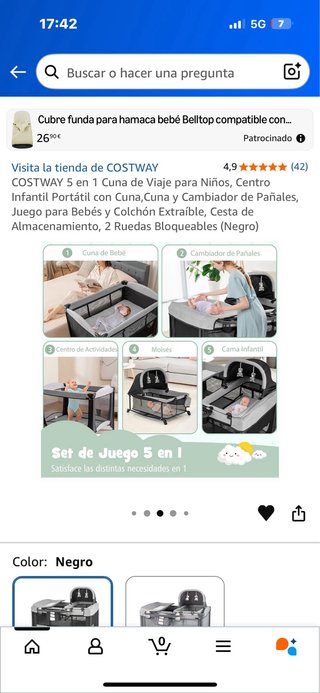 Cuna de Viaje COSTWAY 5 en 1 Negra (a estrenar)
