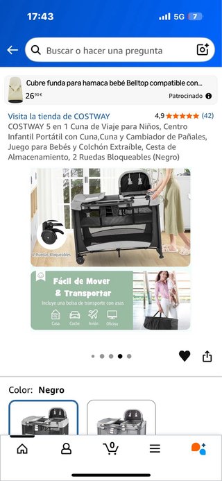 Cuna de Viaje COSTWAY 5 en 1 Negra (a estrenar)