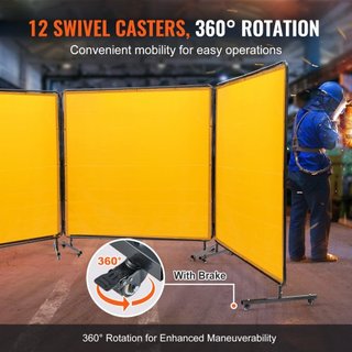 Pantalla de Soldadura con Marco, 6' x 6' Pantallas de Cortina de Soldadura de 3 Paneles, Pantalla de Protección de Soldadura de Vinilo Resistente al Fuego sobre 12 Ruedas Giratorias (6 Bloqueables...