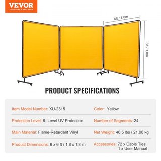 Pantalla de Soldadura con Marco, 6' x 6' Pantallas de Cortina de Soldadura de 3 Paneles, Pantalla de Protección de Soldadura de Vinilo Resistente al Fuego sobre 12 Ruedas Giratorias (6 Bloqueables...