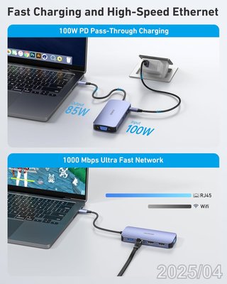 BENFEI Hub USB-C 11en1 HDMI VGA Ethernet SD PD100W