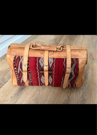 Bolso de viaje, de piel y kilim, marroquí, vintage