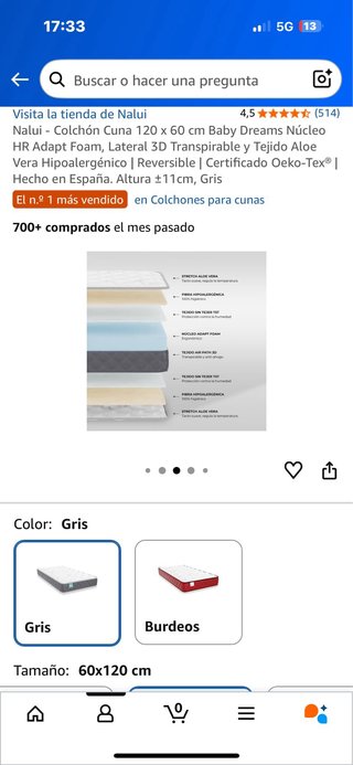 Colchón Cuna (a estrenar) Nalui 120x60 cm Gris