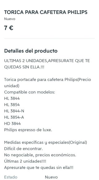 Toricas para Cafetera Philips Espresso de Luxe